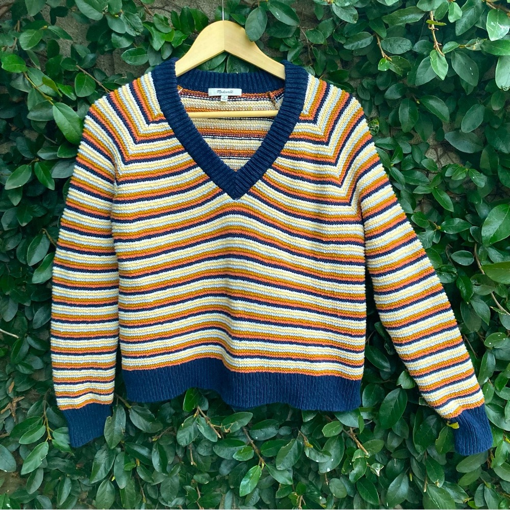 Madewell Arden Cropped Chunky Knit Striped Pullover Sweater - Picture 2 of 7